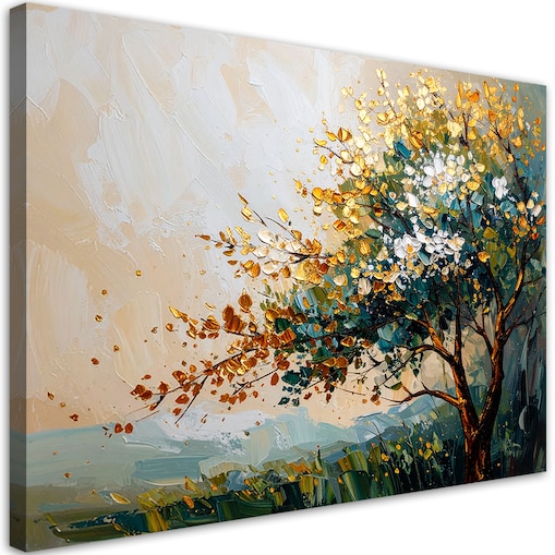 Obraz do salonu sypialni biura, Drzewo Liście Krajobraz w beżu 100x70