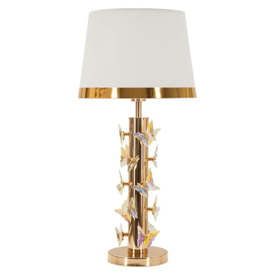 Lampa stołowa Butterfly, kolor złoty i biały, żelazo i metal, 35 x 35 x 74 cm, 1 x E27, max. 40 W, motyw: motyle, do salonu i sypialni, Mauro Ferretti