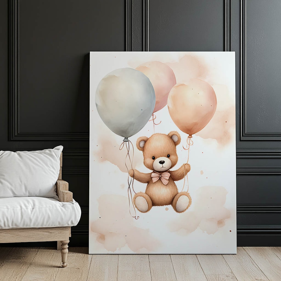 Miś w Balonowej Podróży, 50x70 cm, bez ramy, płótno premium na blejtramie