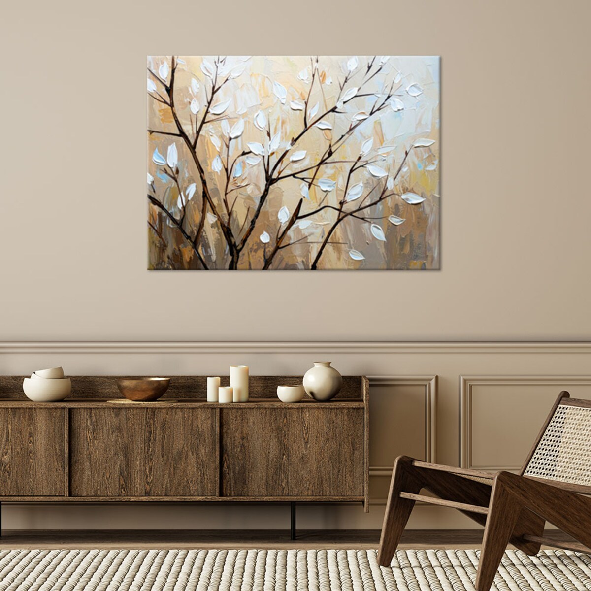 Feeby Obraz nowoczesny do salonu Białe, Liście Gałązki w beżu 100x70