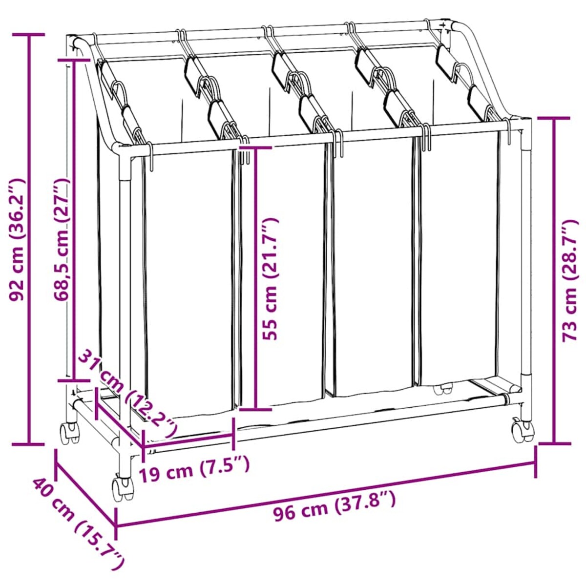 vidaXL Sortownik na pranie z 4 pojemnikami, kremowy, stalowy