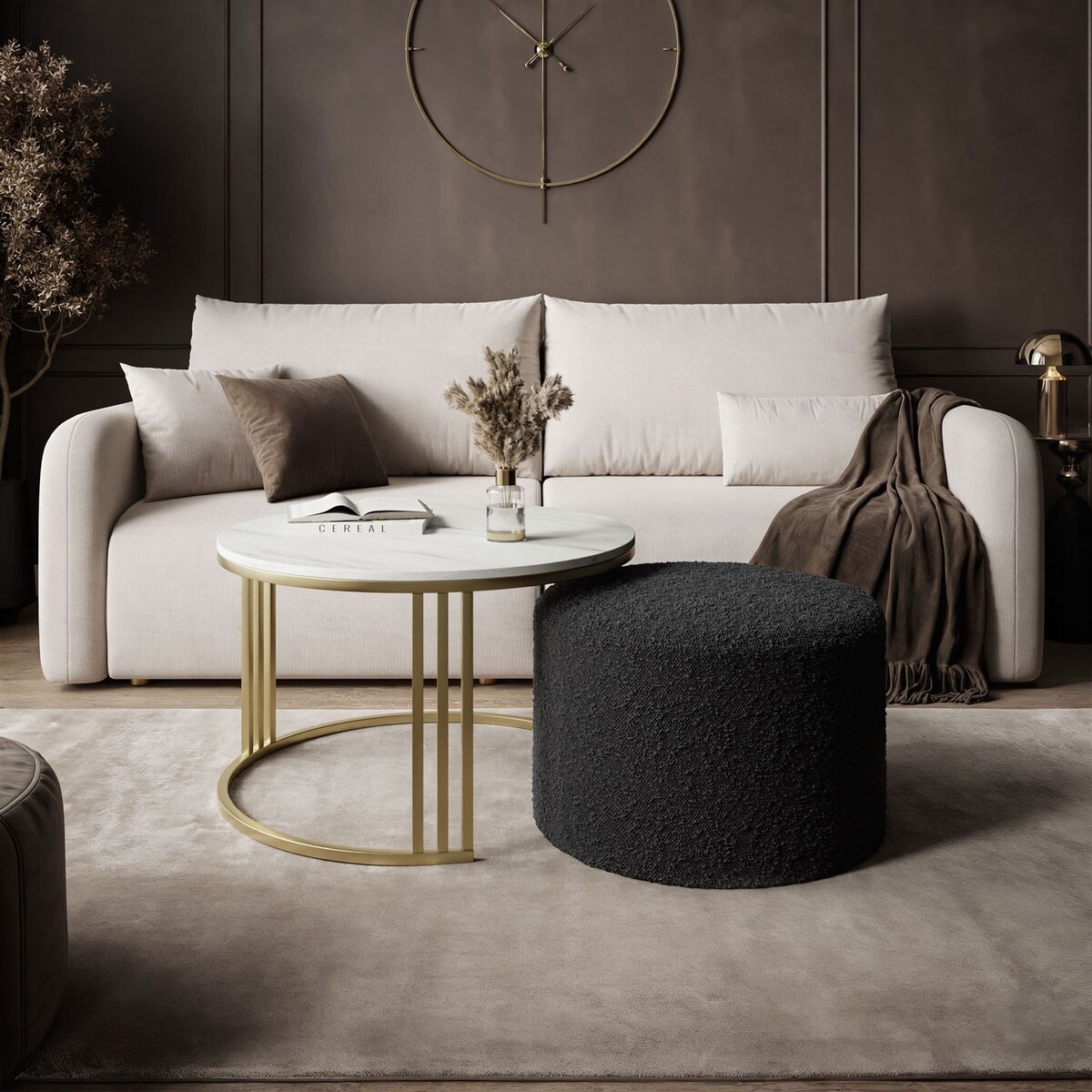 Stolik kawowy z pufą LORI MAT złoto szczotkowane, Marmur Levanto / Coral 60