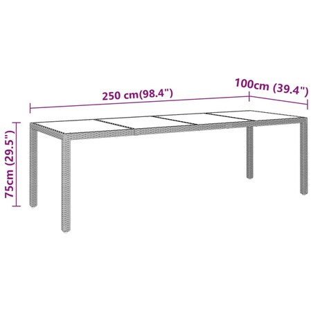 vidaXL Stół ogrodowy, 250x100x75 cm, szkło i rattan PE, szary