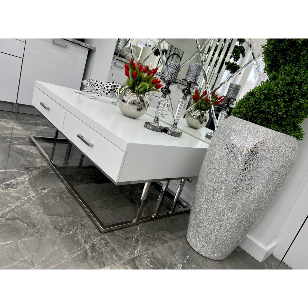 Biały srebrny stolik kawowy/ ława Biała Milano 120x70x45 / 2 pojemne szuflady