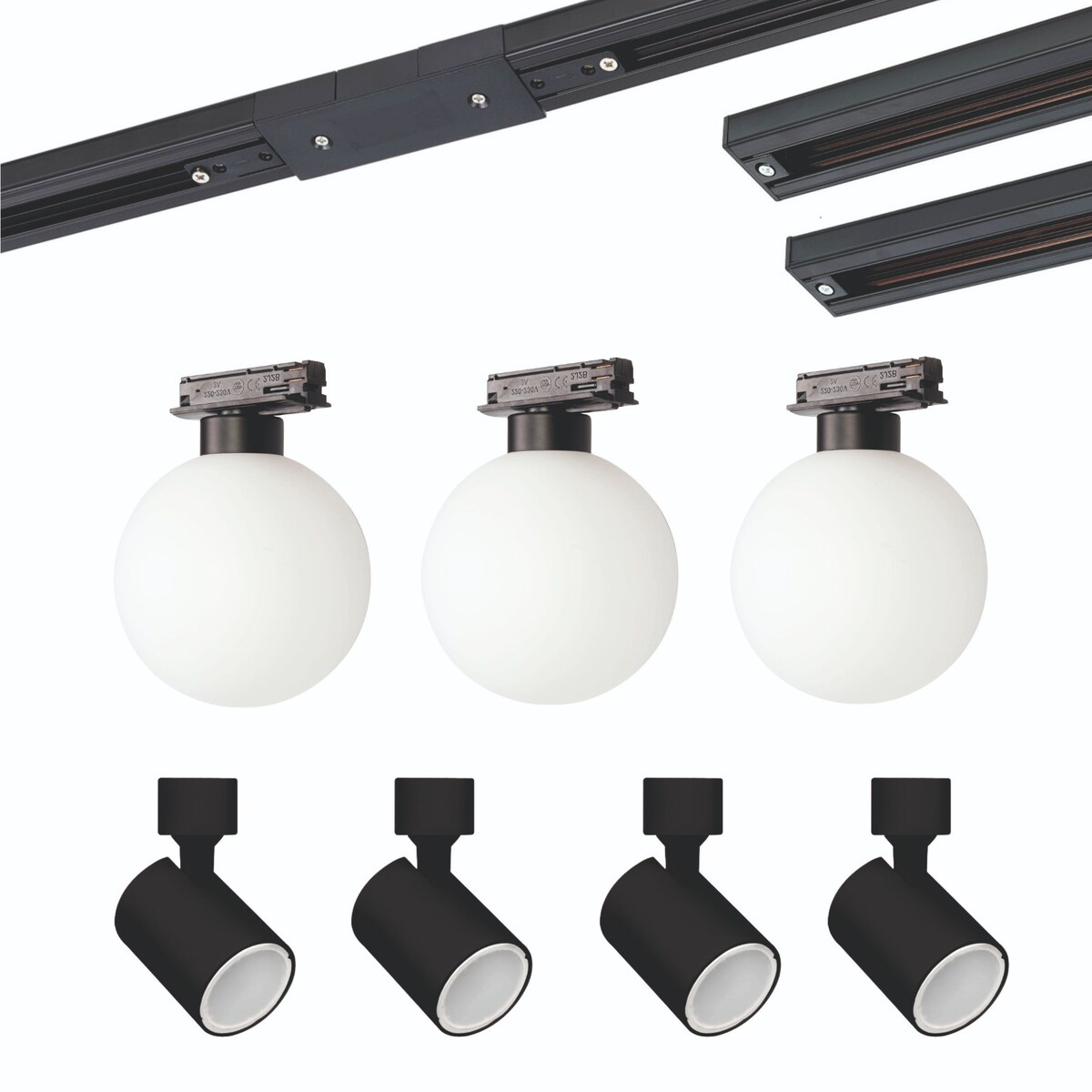 Zestaw oświetlenia szynowego Light Prestige Bola 3x Gwint(nie wiem jaki jest) + 4x reflektor GU10 150cm