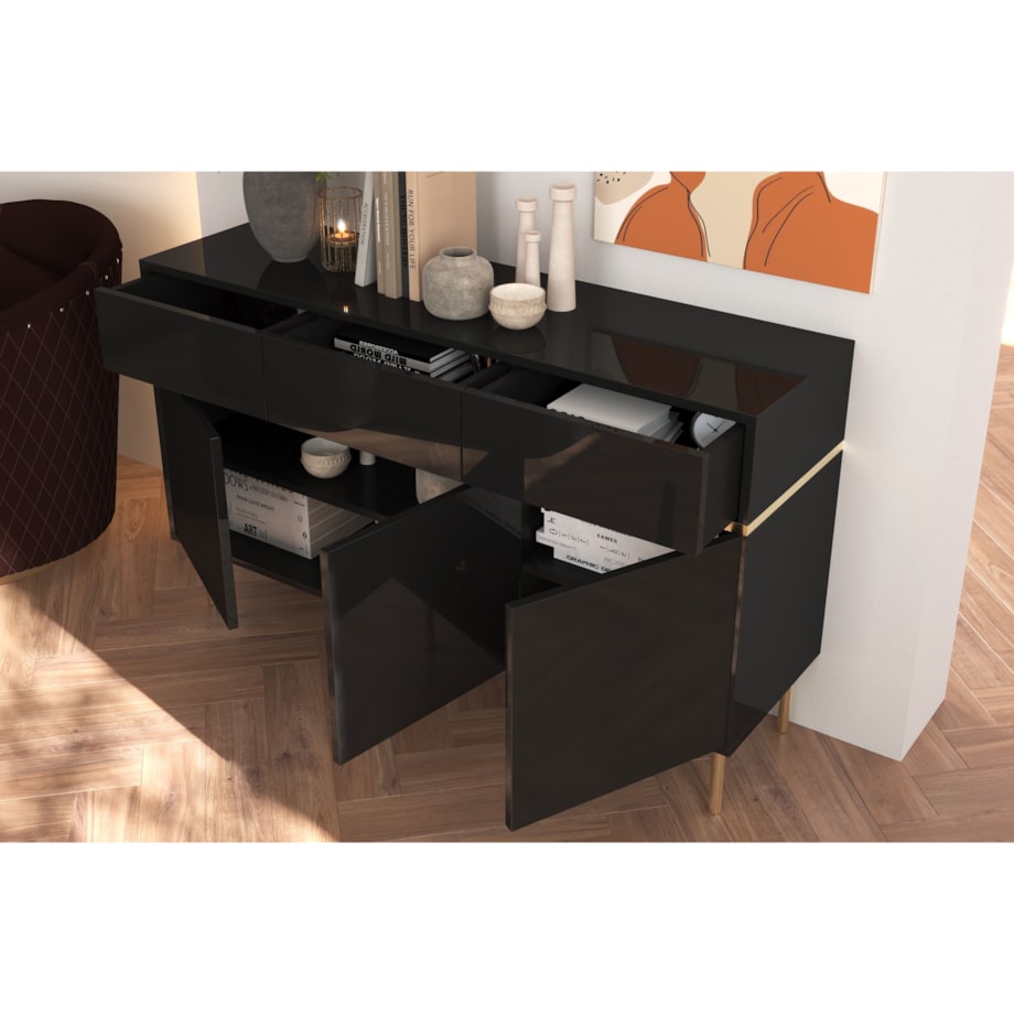 Elegancka czarna komoda Dancan MARIKA ze złotymi dodatkami