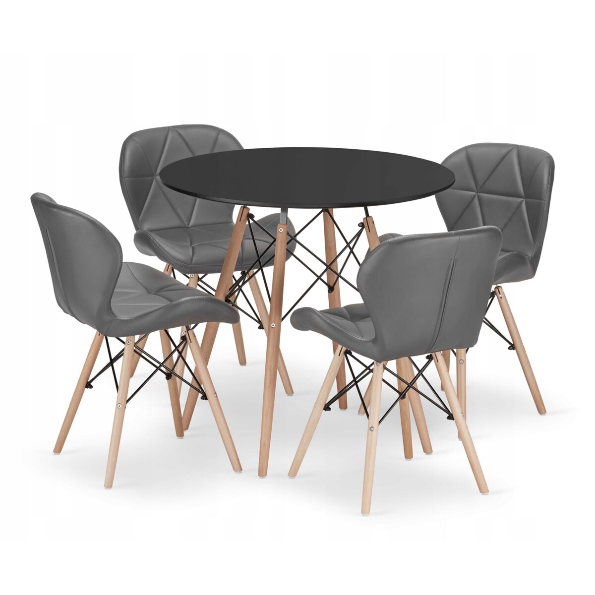 Zestaw Stół+ 4 Krzesła Szare Do Jadalni Kuchni Salonu Biura Okrągły Czarny