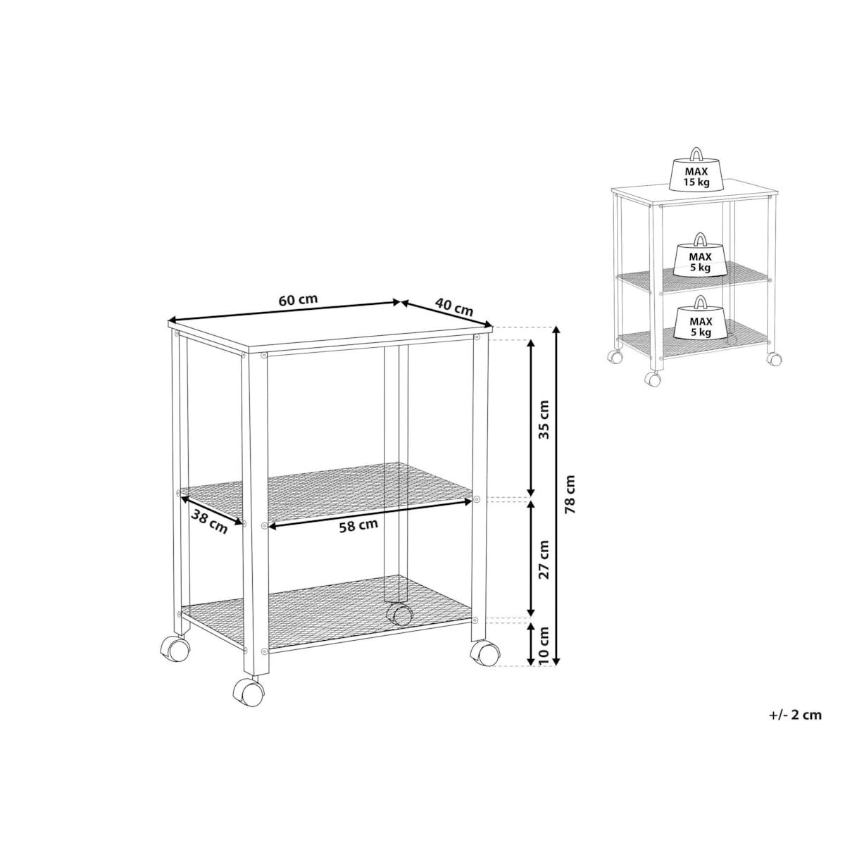 Wózek kuchenny 3-poziomowy czarny BOLZANO