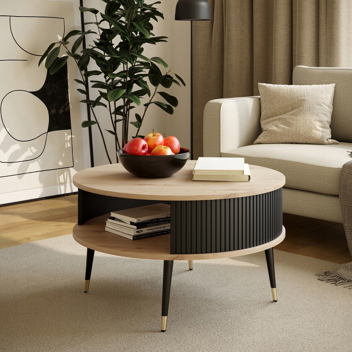 Stolik DO SALONU Okrągły Lamelowy DĄB ARTISAN Złote Nogi NOWOCZESNY 76 cm