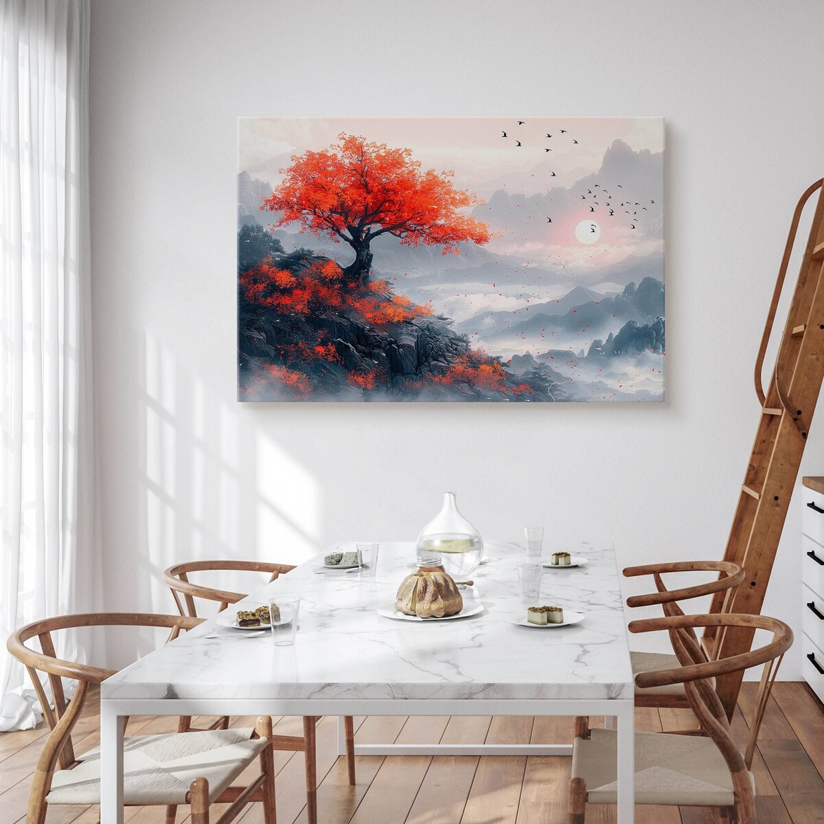 Obraz Na Płótnie Krajobraz Góry We Mgle Ptaki Styl Japoński Natura 120x80cm