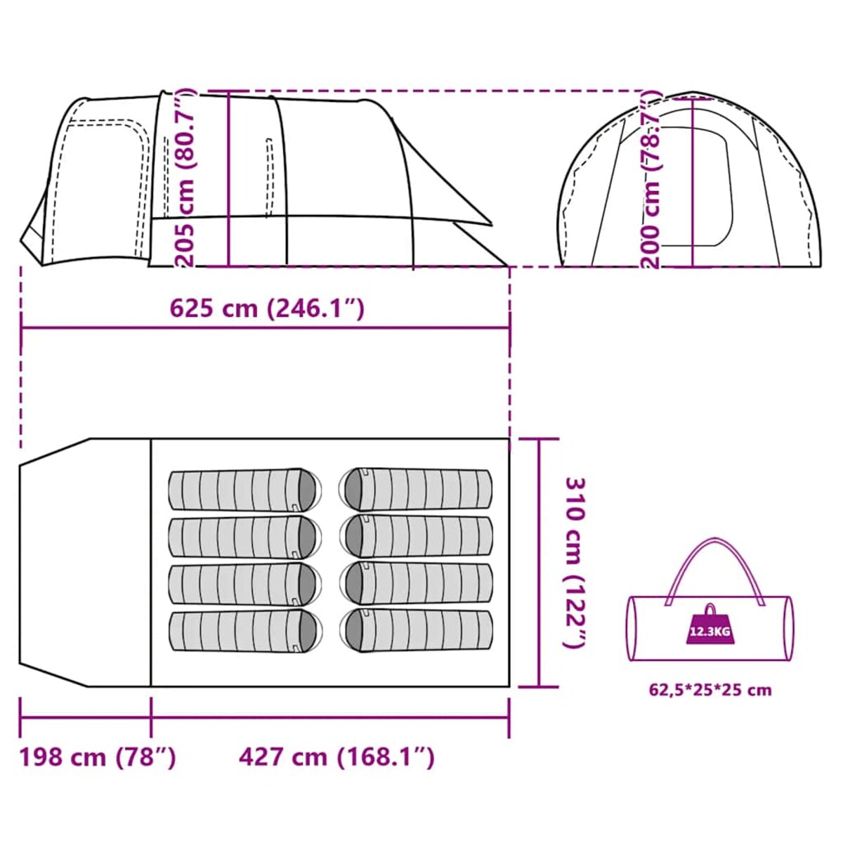 vidaXL Namiot rodzinny, 8-os., tunelowy, zielony, wodoszczelny