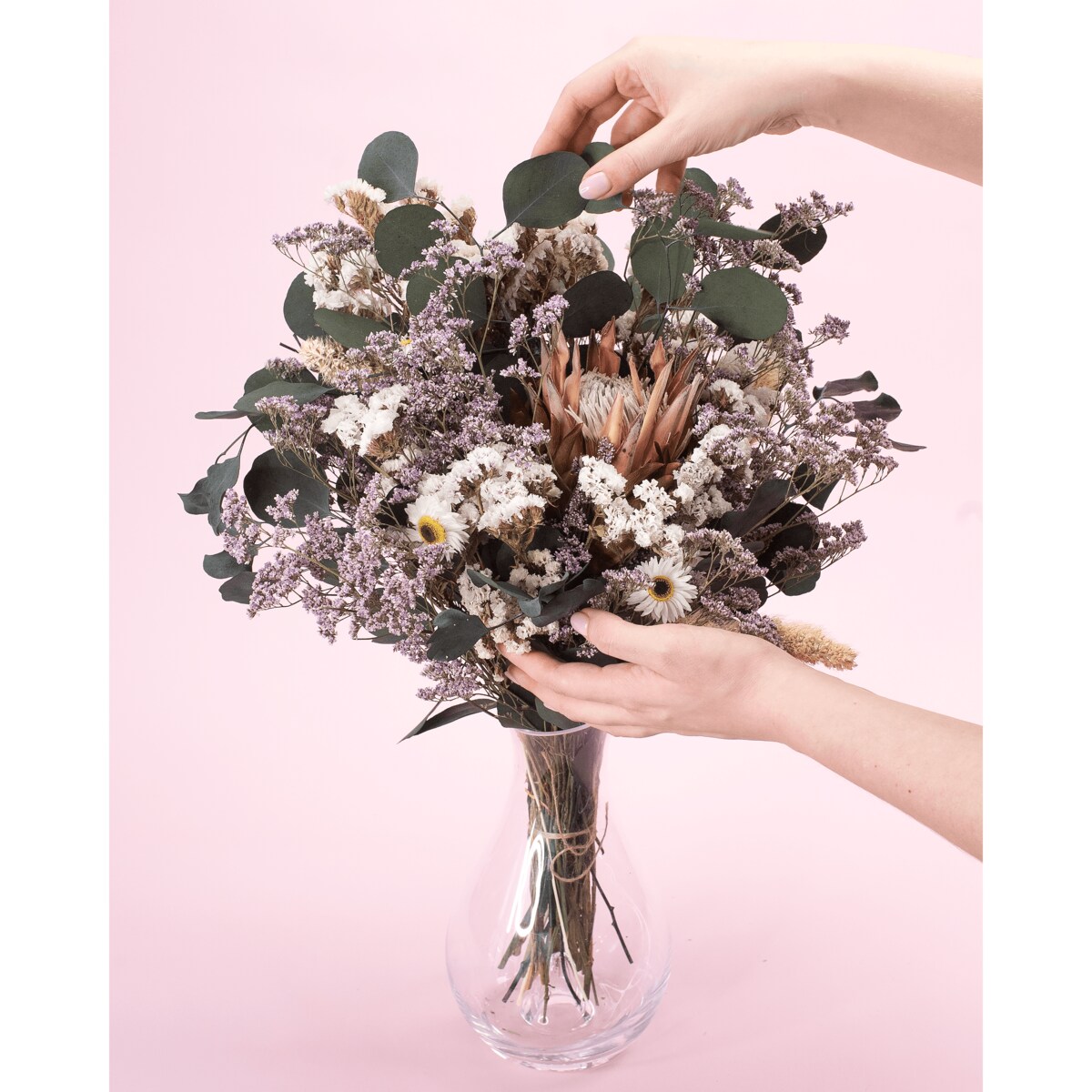 Bukiet suszonych kwiatów Perle premium - protea, zatrwian, eukaliptus