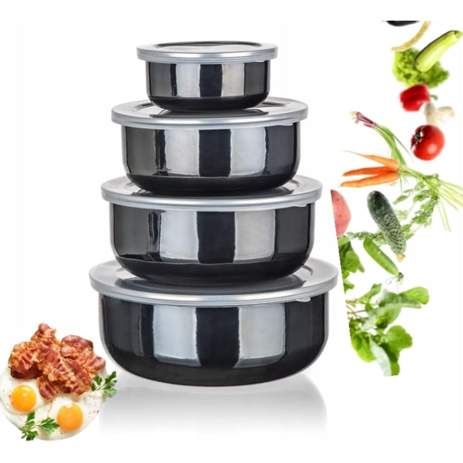 ZESTAW MISEK emaliowane na jedzenie żywność pojemnik czarne pokrywki box