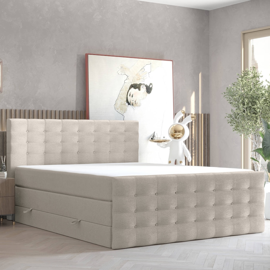 Łóżko kontynentalne STATE 200x200 z pojemnikiem, Jasny Beż, tkanina Megan 353