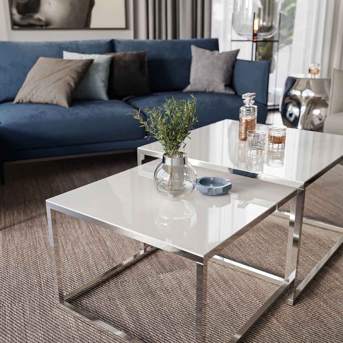 Ława 2w1 YOSHI chrom białe szkło 39/45 cm