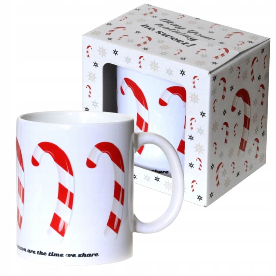 KUBEK NA KAWĘ HERBATĘ CZEKOLADĘ Z MOTYWEM ŚWIĄTECZNYCH LASEK CANDY 300ML - PREZENT UPOMINEK NA MIKOŁAJA ŚWIĘTA GWIAZDKĘ BOŻE NARODZENIE POD CHOINKĘ DLA KOBIETY FACETA