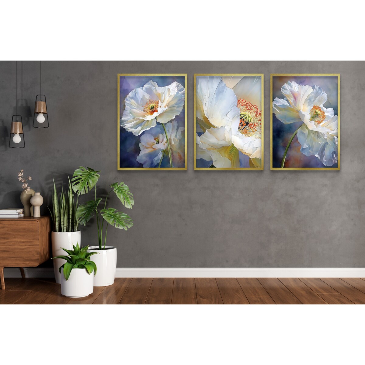 Plakaty Białe Kwiaty Eleganckie Obrazy do salonu sypialni Tryptyk Glamour