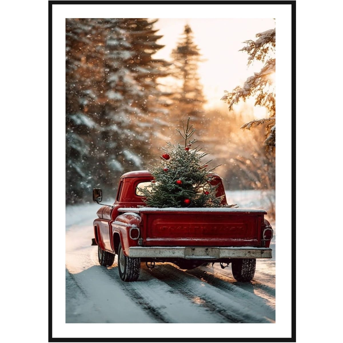 Poster Story, Plakat, Obraz - Czerwony Pick-up z Choinką w Śniegu, wymiary 42 x 60 cm