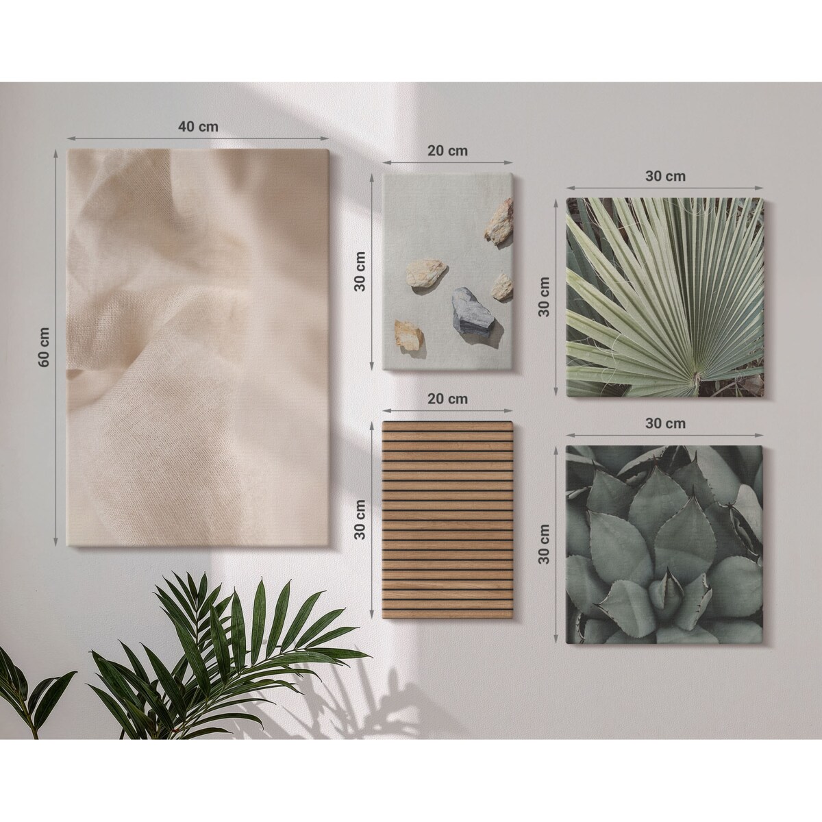 Zestaw 5 obrazów na płótnie - Kamienie drewno tkaniny tekstury boho - brązowy