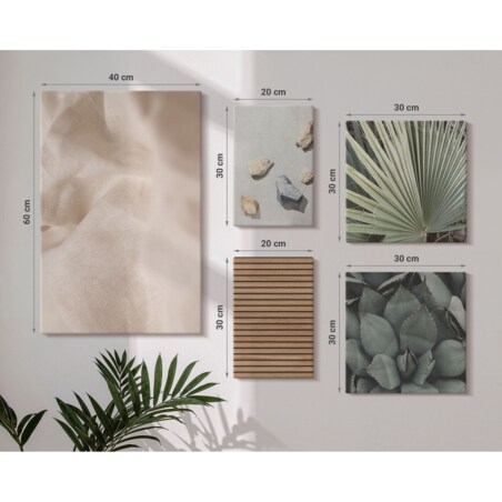 Zestaw 5 obrazów na płótnie - Kamienie drewno tkaniny tekstury boho - brązowy