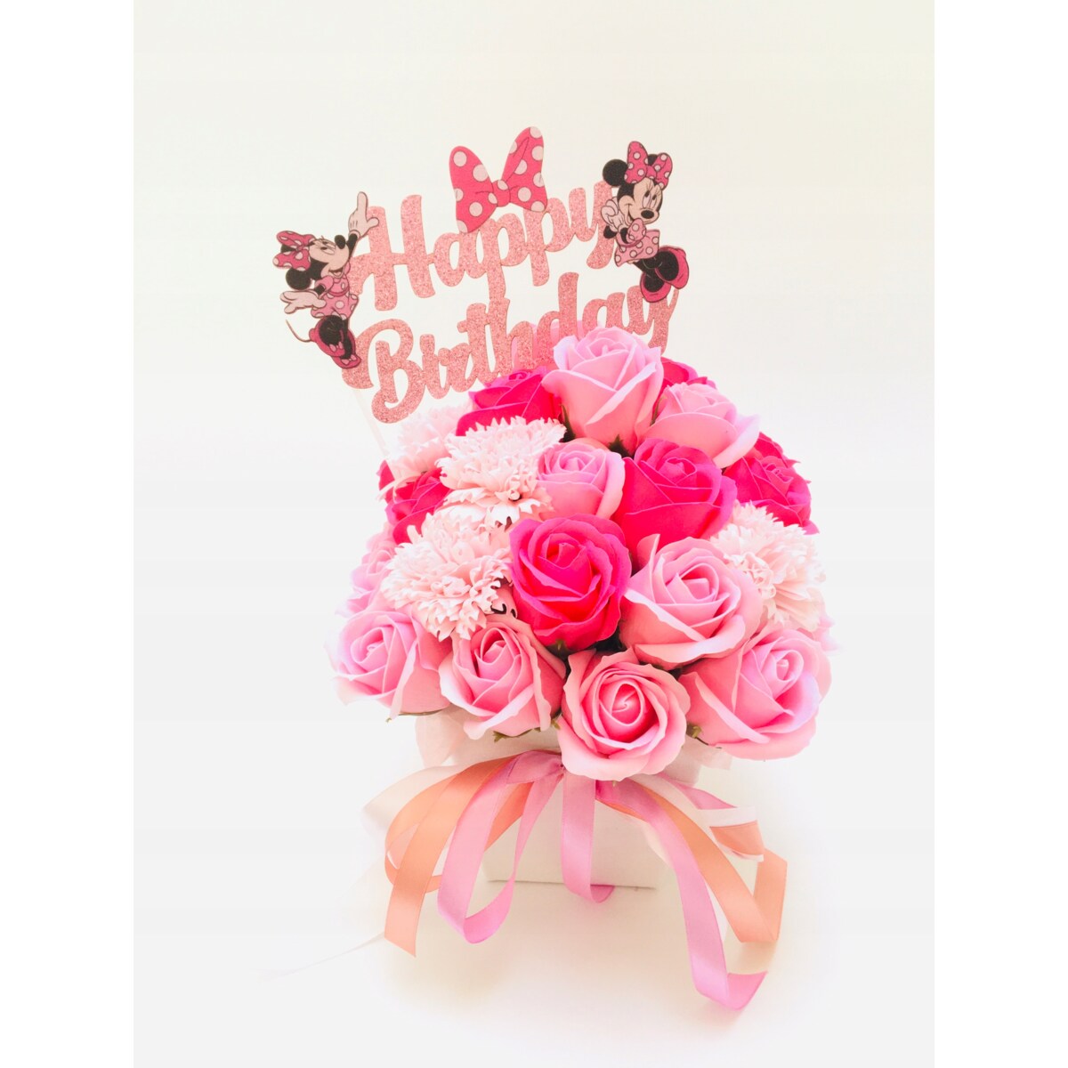 FLOWER BOX RÓŻOWE kwiaty MYDLANE na urodziny dziewczynki prezent MINNIE