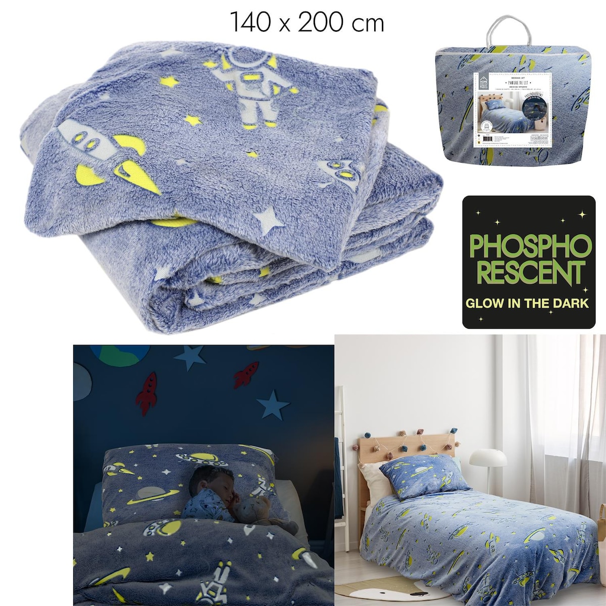 Komplet pościeli dziecięcej 140x200 Intesi kosmos świecący w ciemności poliester niebieski