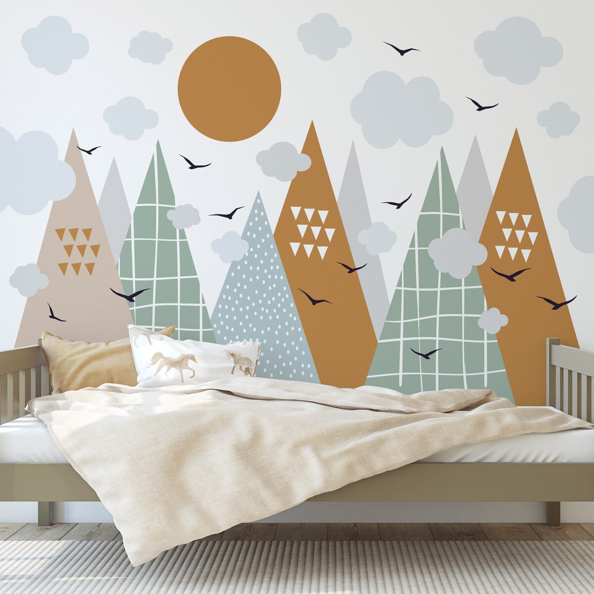 NAKLEJKI ŚCIENNE DLA DZIECI POMARAŃCZOWE GÓRY STYL SKANDYNAWSKI ZESTAW