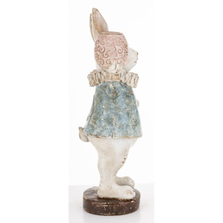 Dekoracja - biała króliczka LUISA 27,5x10,5x9,5 cm w niebieskiej sukience w serca z wazonem w łapce