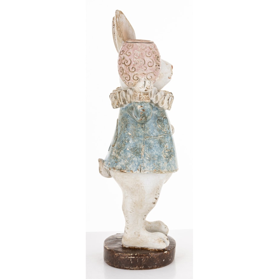 Dekoracja - biała króliczka LUISA 27,5x10,5x9,5 cm w niebieskiej sukience w serca z wazonem w łapce