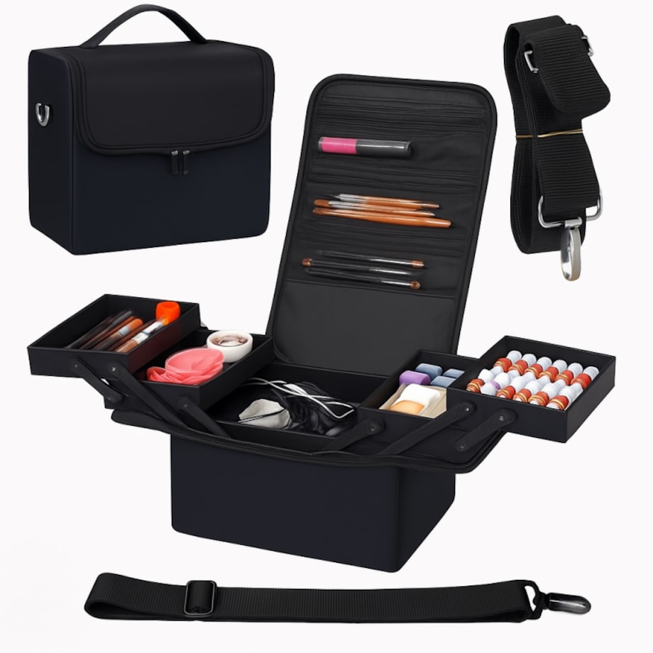 Czarna kosmetyczka rozkładana elegancki kuferek organizer na kosmetyki przenośna 25x28x20cm CB45