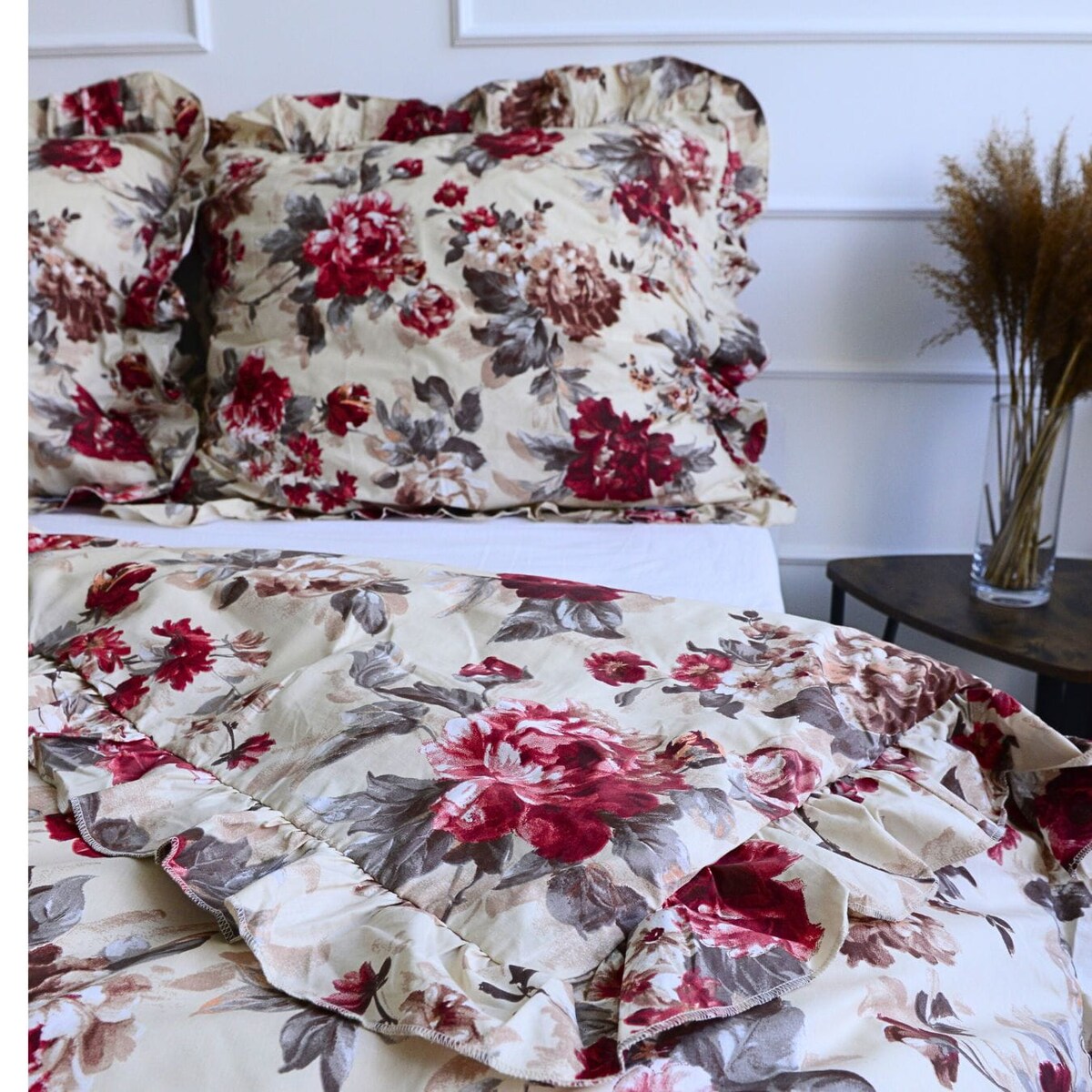 Pościel Bawełniana Z Falbanką Zestaw Komplet Do Sypialni Kwiaty Piwonii 220X200 Cm + 2 Poduszki 70X80 Cm