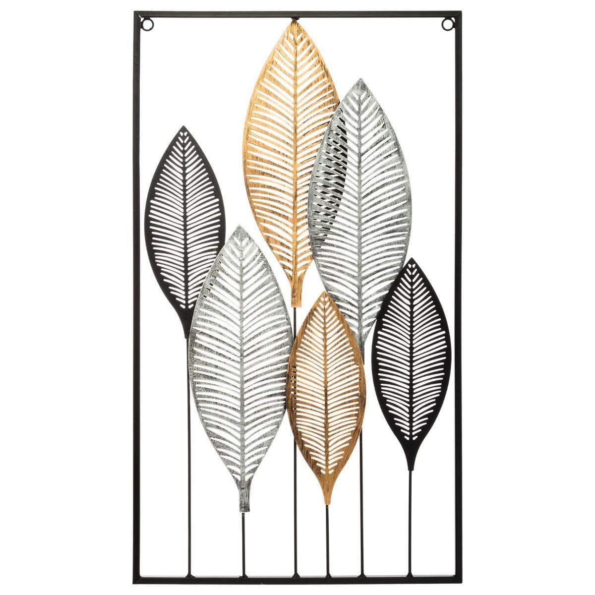 Ozdoba na ścianę, dekoracja ścienna DECO z motywem liści, 37 x 65 cm, kolor szary, metal