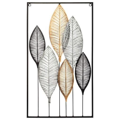 Ozdoba na ścianę, dekoracja ścienna DECO z motywem liści, 37 x 65 cm, kolor szary, metal