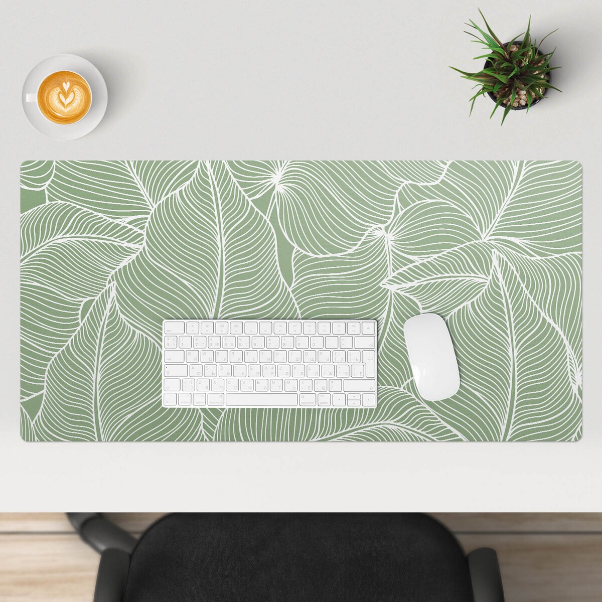 Zielona mata na biurko Liście z liniami, 90x45 cm