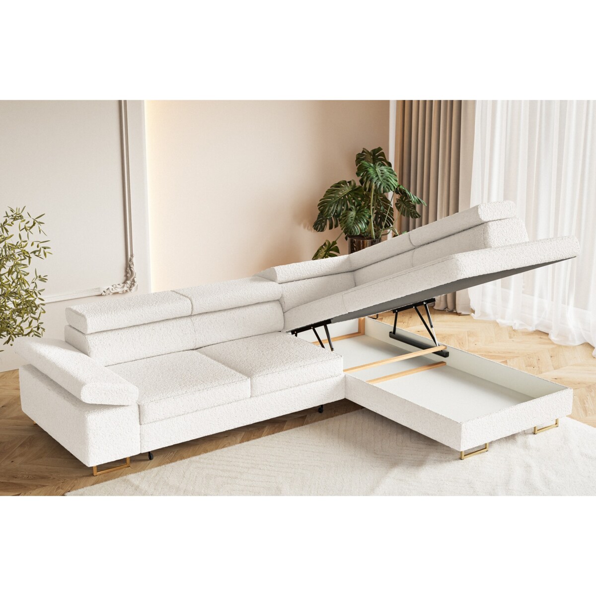 Narożnik ALEX z regulowanymi zagłówkami, prawostronny- tkanina boucle- ecru