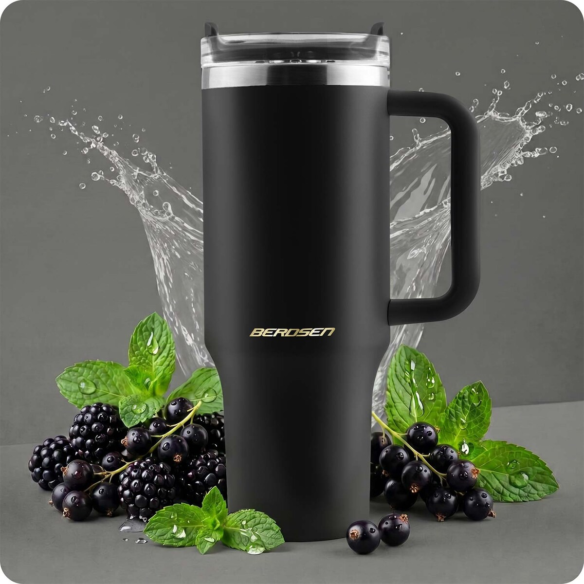 Kubek termiczny Berdsen czarny 1180ml stal nierdzewna zimne ciepłe napoje + zestaw słomek