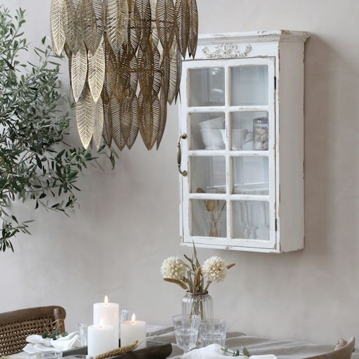 Szafka witryna wisząca drewniana postarzana Chic z dekorem