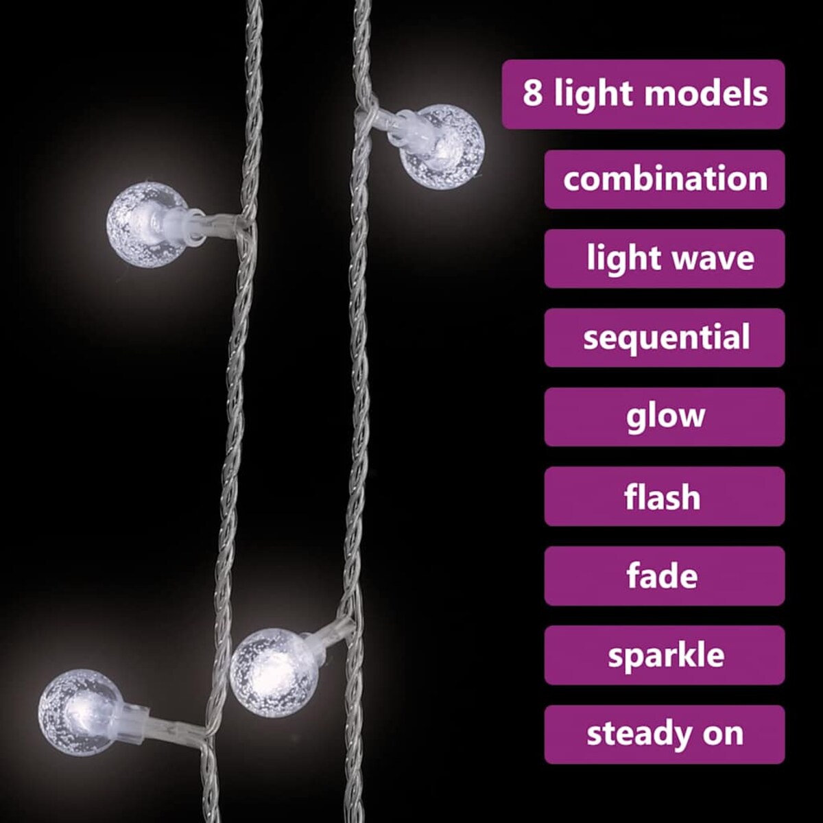 vidaXL Lampki świąteczne, 20 m, 200 diod LED, zimna biel, 8 funkcji