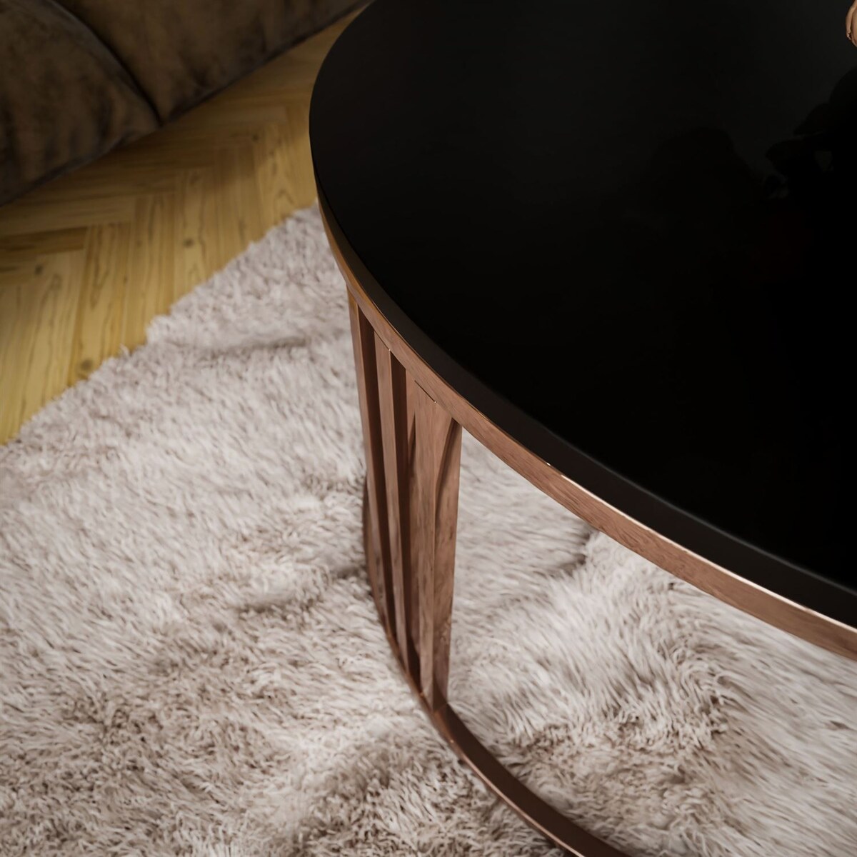 Okrągły stolik kawowy LORI mat z miedzianym stelażem, czarny mat