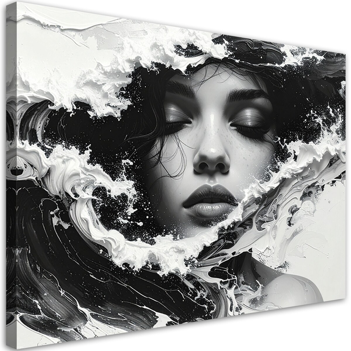 Obraz do salonu, Portret kobiecy czarno biały w stylu artystycznym fale morskie 30x20 cm
