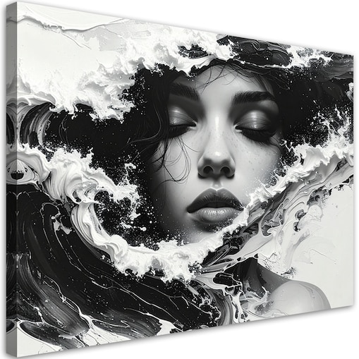 Obraz do salonu, Portret kobiecy czarno biały w stylu artystycznym fale morskie 30x20 cm