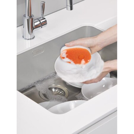 Zestaw 3 gąbek do zmywania z pojemniczkiem na płyn (pomarańczowych) Soapy Sponge Joseph Joseph wycofane