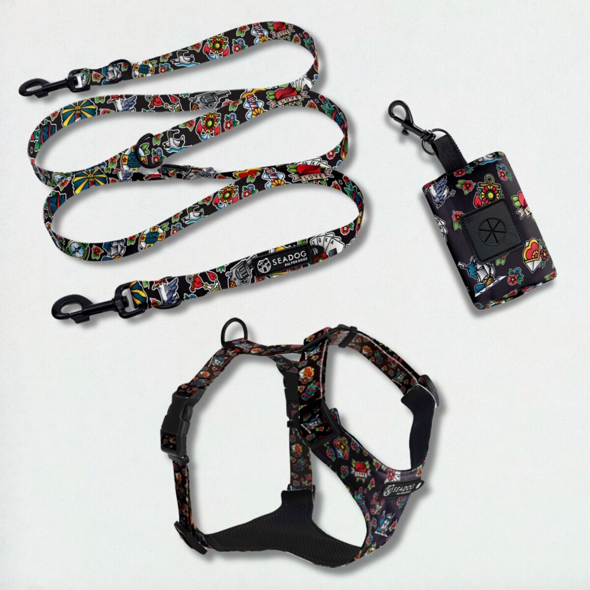 Zestaw: szelki bezuciskowe, smycz i saszetka na kupoworki, rozmiar L