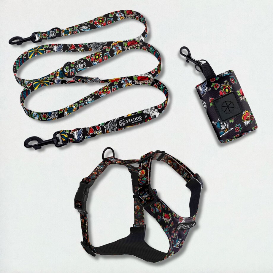 Zestaw: szelki bezuciskowe, smycz i saszetka na kupoworki, rozmiar L