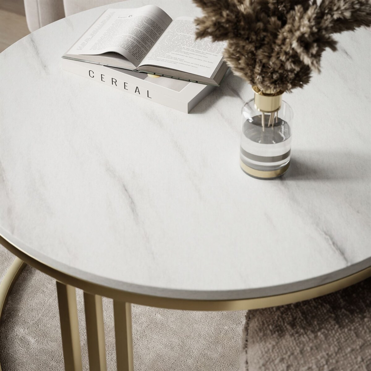 Stolik kawowy z pufą LORI MAT złoto szczotkowane, Marmur Levanto / Coral 50