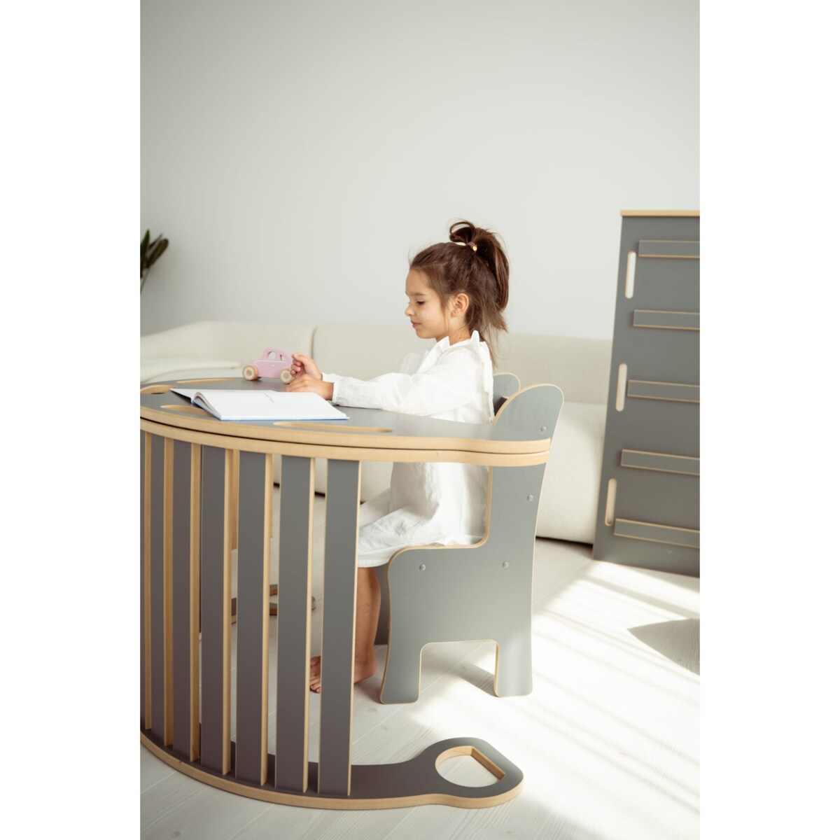 3w1 DUŻY bujak montessori + DUŻA zjeżdżalnia DRABINKA + blat - szary