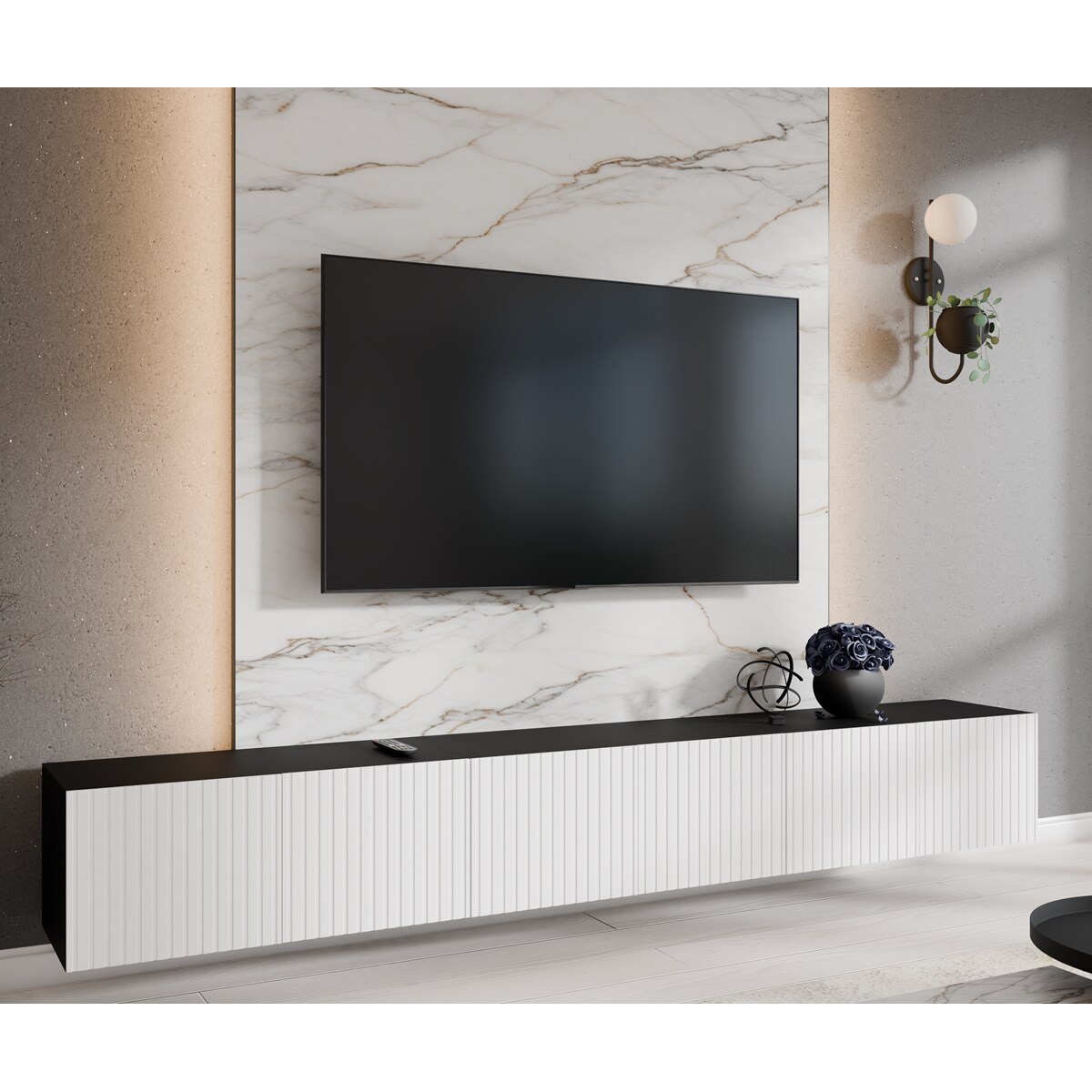 Szafka RTV RIO 300 cm zamknięta pod telewizor ,ryflowana- czarny+biały
