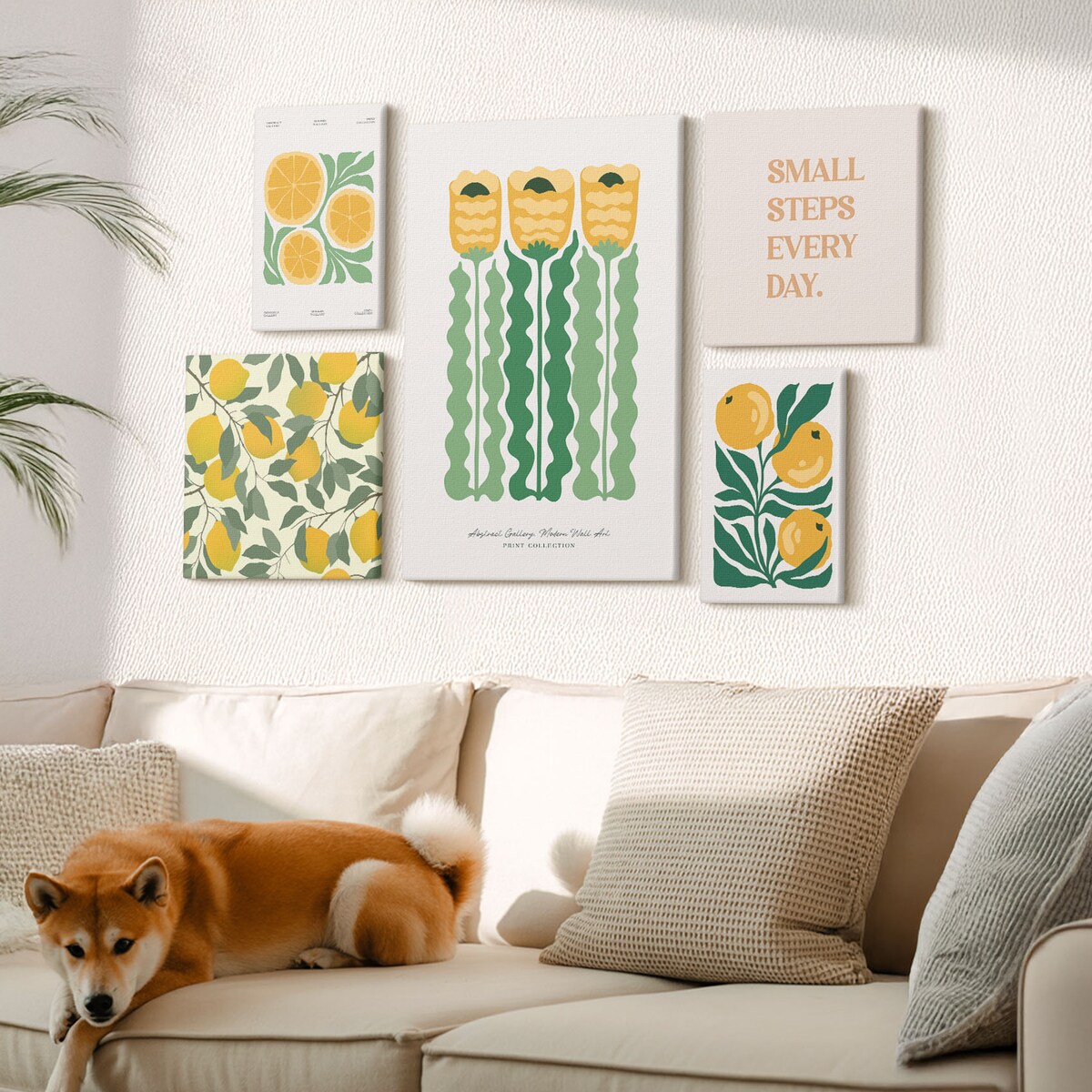 Zestaw 5 obrazów na płótnie - Kwiaty cytrusy pozytywne hasła - żółty