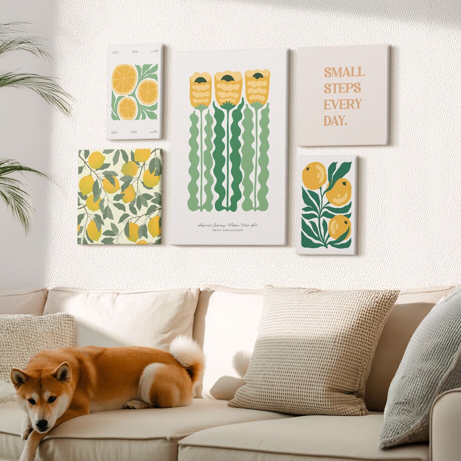 Zestaw 5 obrazów na płótnie - Kwiaty cytrusy pozytywne hasła - żółty