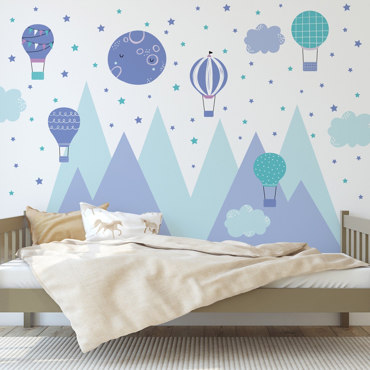 NAKLEJKI NA ŚCIANĘ DLA DZIECI KOLOROWE GÓRY BALONY CHMURKI GWIAZDY ZESTAW